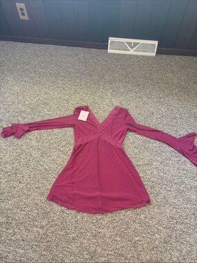 Hello Molly Magenta Lace-Trim V-Neck Long Sleeve Dress